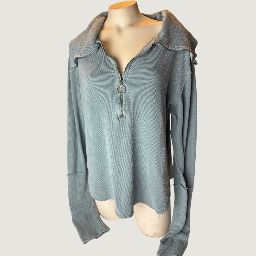 We the free  Green Blue Waffle Knit Half Zip Funnel Neck Oversized Pullover